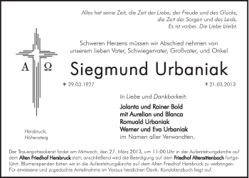 Traueranzeige von Siegmund Urbaniak von Hersbrucker Zeitung